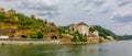 Panoramic view castle Veste Niederhaus Fortress on river Danube. Antique fortress in Passau, Lower Bavaria, Germany Royalty Free Stock Photo