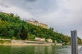 Panoramic view castle Veste Oberhaus on river Danube. Antique fortress in Passau, Lower Bavaria, Germany