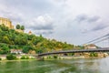 Panoramic view castle Veste Oberhaus on river Danube. Antique fortress in Passau, Lower Bavaria, Germany