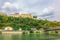 Panoramic view castle Veste Oberhaus on river Danube. Antique fortress in Passau, Lower Bavaria, Germany