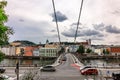 Panoramic view of Passau. Top view of suspension bridge. Aerial skyline of old town with beautiful reflection in Danube