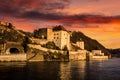 Passau town along the Danube River on sunset. Picturesque landscape scene