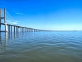 Walking the footpath Passeio do Tejo along Tagus river in Lisbon at the Expo park - Vasco da Gama bridge Royalty Free Stock Photo