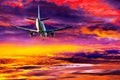 Passenger aircraft on colorful sky