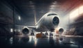 Passenger aircraft in the hangar. Maintenance of engine and fuselage repair in airport hangar. generative ai Royalty Free Stock Photo