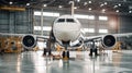 Passenger aircraft on maintenance of engine and fuselage repair in airport hangar Royalty Free Stock Photo