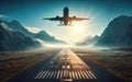 Passenger aircraft takes off from the airport runway. In the background orange sunset sky Royalty Free Stock Photo