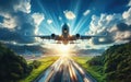 Passenger aircraft takes off from the airport runway. In the background orange sunset sky Royalty Free Stock Photo