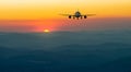 Passenger airliner fly on beauty sunrise or sunset mountain landscape