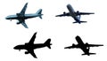 Passenger airliners from different angles and their silhouettes. Aircraft set isolated on white background. Royalty Free Stock Photo