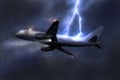 Passenger airplane being hit by a lightning in a storm mid air Royalty Free Stock Photo