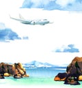 Passenger airplane in blue sky and cloud, flying jet, airliner landing over the sea, travel or vacation concept, hand