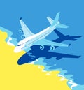 Passenger airplane in blue sky and cloud, flying jet, airliner landing over the sea and tropical beach, travel or Royalty Free Stock Photo