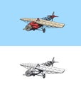 Passenger airplane corncob or plane aviation travel illustration. Engraved hand drawn in old sketch style, vintage