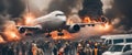 passenger airplane fall, burn in the sky, explosion in the airport, crowd escape