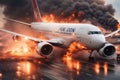 passenger airplane fall, burn in the sky, explosion in the airport, crowd escape