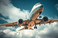 Passenger airplane flying above clouds. View from the window plane to amazing sky with beautiful clouds. Royalty Free Stock Photo