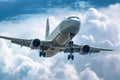 Passenger airplane flying above clouds. View from the window plane to amazing sky with beautiful clouds. Royalty Free Stock Photo