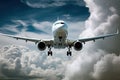 Passenger airplane flying above clouds. View from the window plane to amazing sky with beautiful clouds. Royalty Free Stock Photo