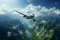 Passenger airplane flying above sky during beautiful mountain Created with Generative AI technology