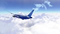 Passenger airplane flying over the cloudy sky. Modern airliner journey. 3D render