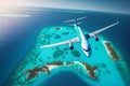 Passenger airplane flying over islands in ocean. Travel to Maldives. Ai generative