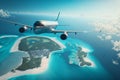 Passenger airplane flying over tropical islands in ocean. Travel concept. Ai generative