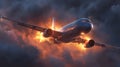 Passenger airplane flying through storm clouds with fire and explosion Royalty Free Stock Photo
