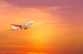 Passenger airplane flying take off on sunset Royalty Free Stock Photo