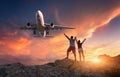 Passenger airplane and happy people Royalty Free Stock Photo