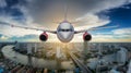 Passenger airplane landing on runway in airport Royalty Free Stock Photo