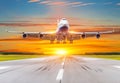 Passenger airplane landing at sunset on a runway. Royalty Free Stock Photo