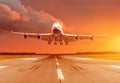 Passenger airplane landing at sunset on a runway. Royalty Free Stock Photo