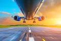 Passenger airplane landing at sunset on a runway. View of engines, fuselage, chassis. Royalty Free Stock Photo