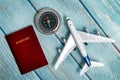 Airplane model with passport and compass Royalty Free Stock Photo