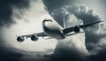 Passenger airplane with motion blur effect. Airplane is flying in the sunset sky Royalty Free Stock Photo