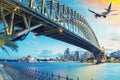 Passenger airplane over Sydney, Australia. Travel concept