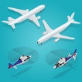 Passenger Airplane. Passenger Helicopter. Isometric Transportation. Aircraft Vehicle. Air Transportation. Vector