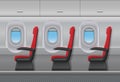 Passenger airplane red vector interior. Aircraft indoor cabin with portholes and chairs seats. Vector illustration.