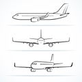 Passenger airplane silhouettes, contours, outlines Royalty Free Stock Photo