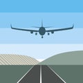 A passenger airplane in the sky over the runway, a vector stock illustration with plane with landing gear and summer landscape as Royalty Free Stock Photo