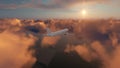 Passenger airplane in sunset cloudy sky Royalty Free Stock Photo