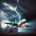 A passenger airplane takes off during a thunderstorm and narrowly avoids a lightning strike. Generated By AI