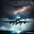 A passenger airplane takes off during a thunderstorm and narrowly avoids a lightning strike. Generated By AI