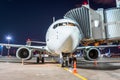 Passenger airplane at the telescope aerobridge at the airport night flight service. Royalty Free Stock Photo