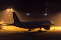 Passenger airplane waiting on an aiport at night