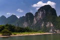 Passenger boat with tourists cruising in the Li River with the tall limestone peaks in the background near Yangshuo in China