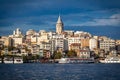 Passenger boats near Karakoy station and cityscape with Galata t