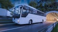 Passenger Bus with Several Other Commercial Trucks in Motion