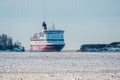 Passenger car ferry MV Gabriella, operated by Viking Line, passing the strait of Kustaanmiekka on clear winter morning